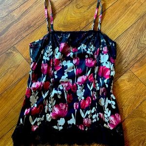 White House Black Market floral silk cami with lace trim
